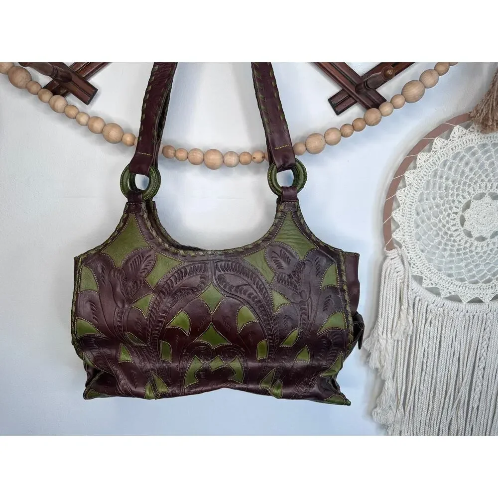 Leaders in Leather Brown Green Tooled Shoulder Bag